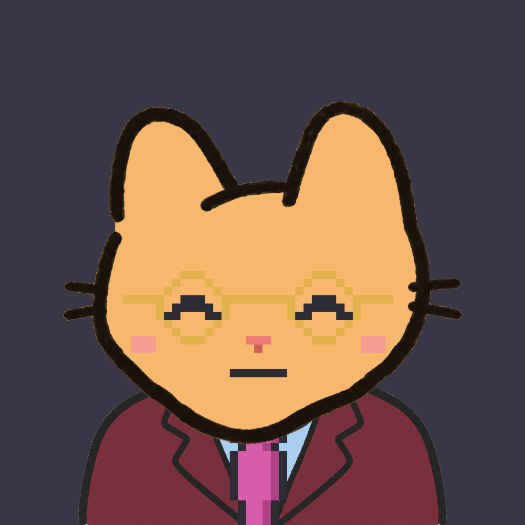 Employee #1703 — a tabby cat, in a burgundy suit, with a magenta tie, wearing round-gold glasses, on charcoal