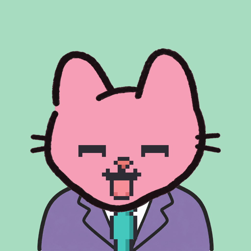 Employee #1704 — a pink cat, in a lavender suit, with a teal tie, on mint
