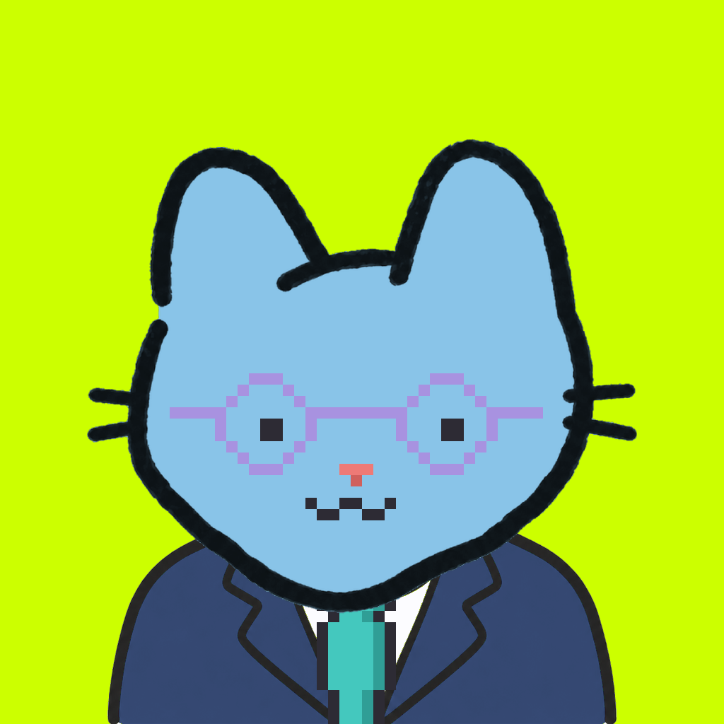 Employee #1705 — a sky cat, in a navy suit, with a teal tie, wearing round-lavender glasses, on volt