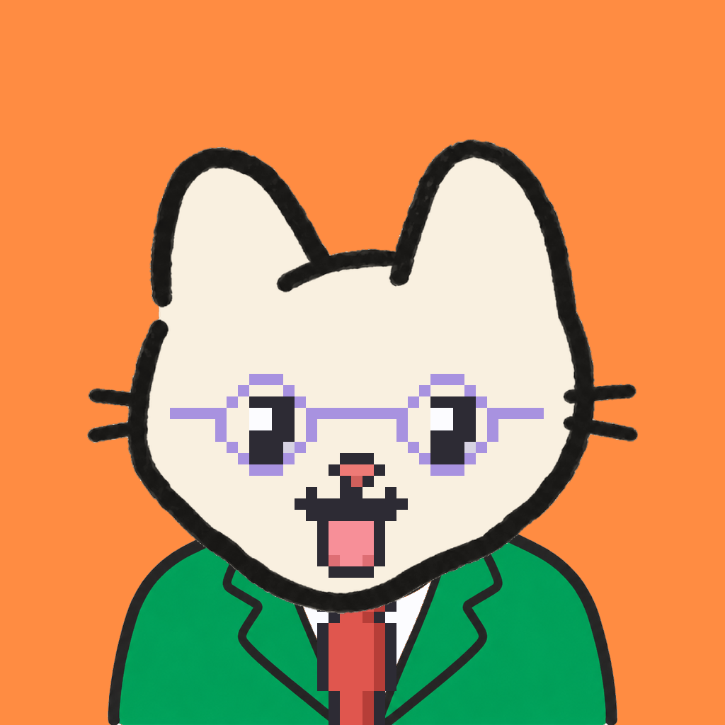 Employee #1706 — a cream cat, in a green suit, with a red tie, wearing round-lavender glasses, on tangerine