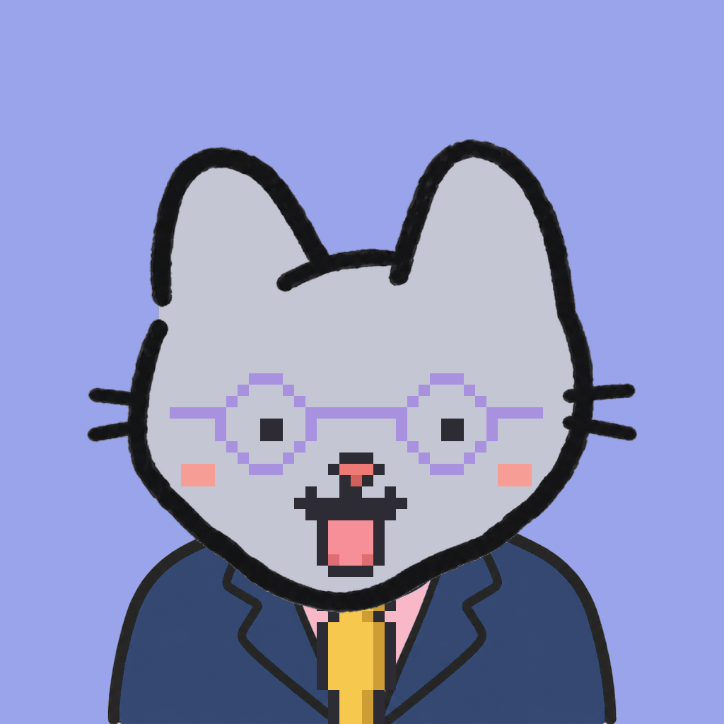 Employee #1707 — a gray cat, in a navy suit, with a gold tie, wearing round-lavender glasses, on periwinkle