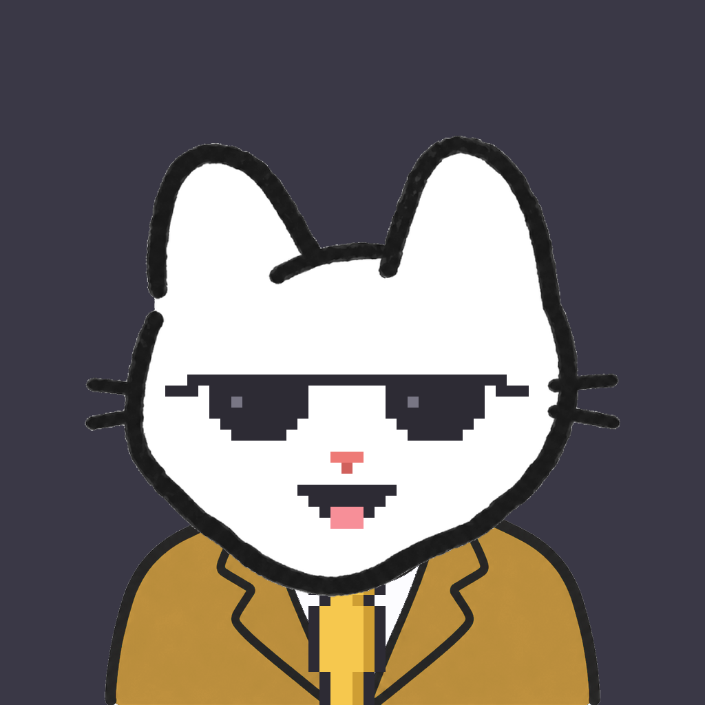 Employee #1708 — a white cat, in a mustard suit, with a gold tie, wearing shades glasses, on charcoal