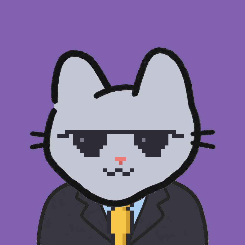 Employee #1709 — a gray cat, in a black suit, with a gold tie, wearing shades glasses, on plasma violet