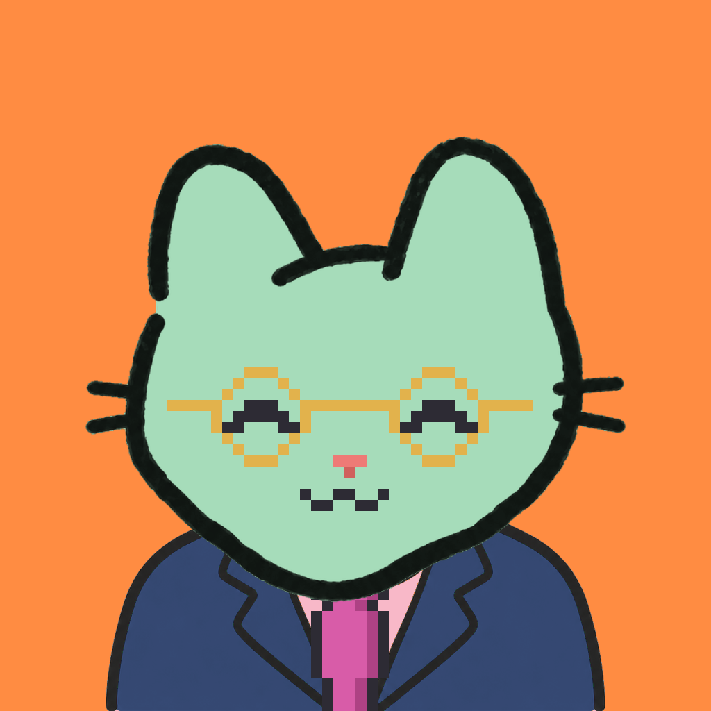 Employee #0171 — a mint cat, in a navy suit, with a magenta tie, wearing round-gold glasses, on tangerine