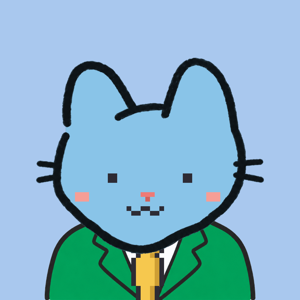 Employee #1710 — a sky cat, in a green suit, with a gold tie, on sky