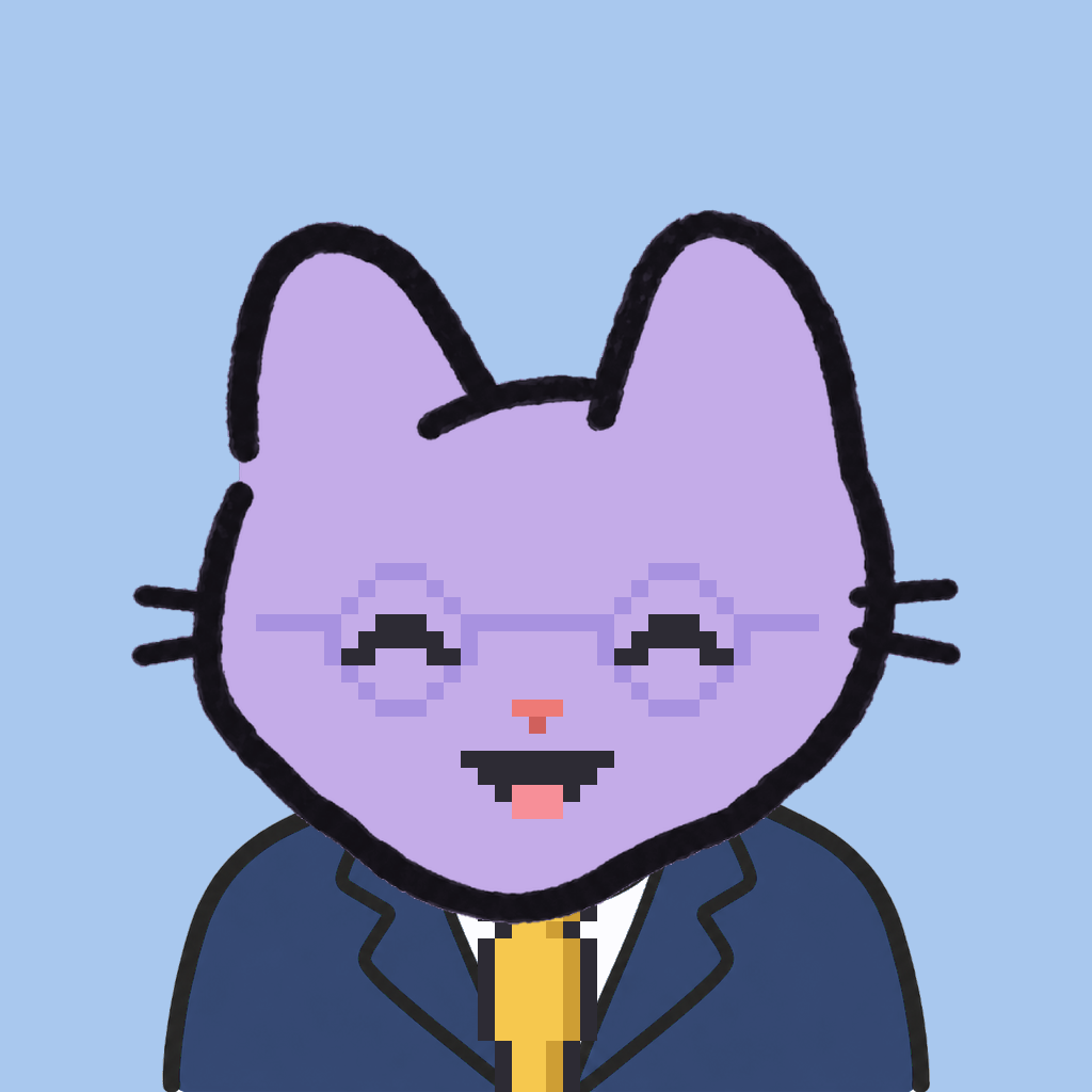 Employee #1711 — a lavender cat, in a navy suit, with a gold tie, wearing round-lavender glasses, on sky