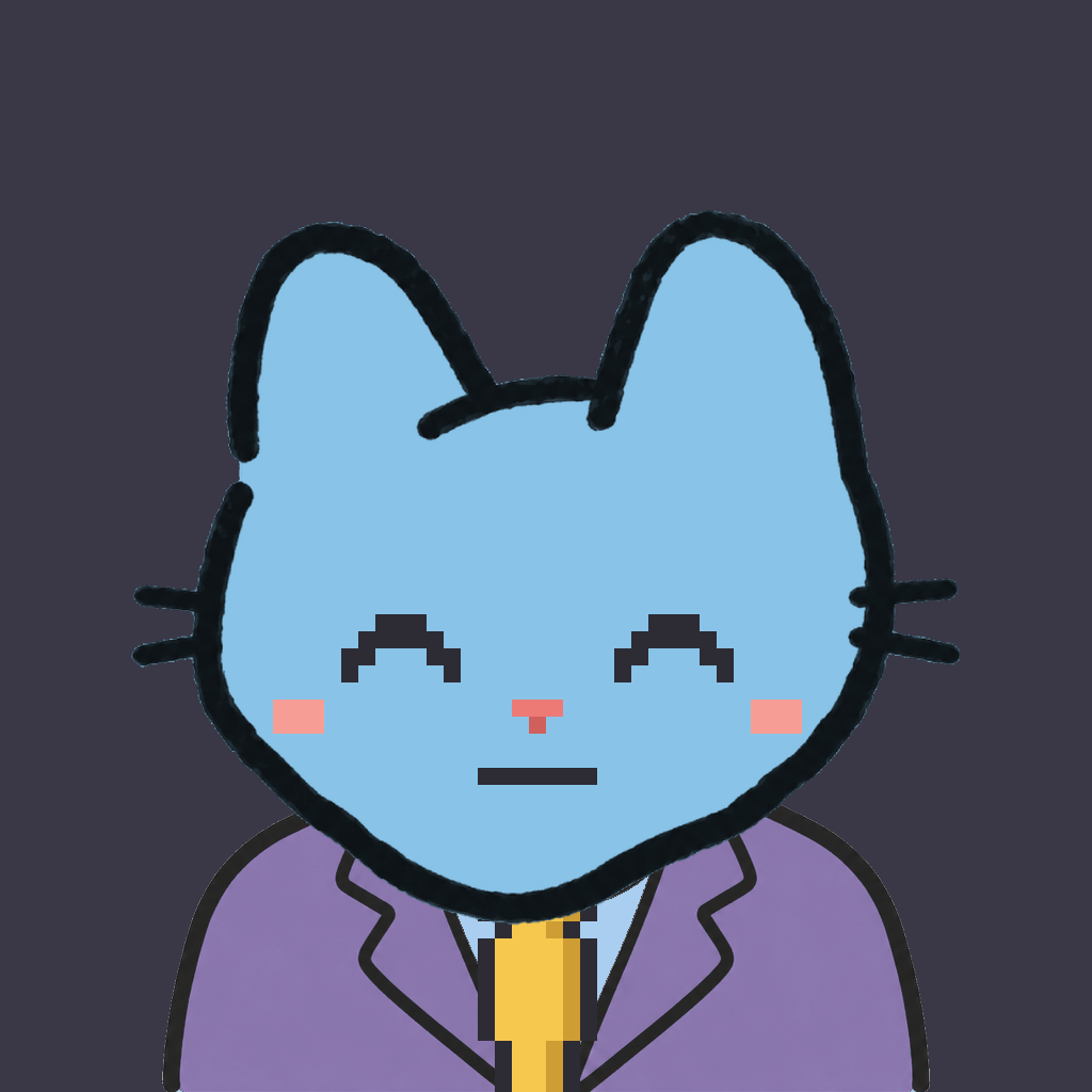 Employee #1712 — a sky cat, in a lavender suit, with a gold tie, on charcoal
