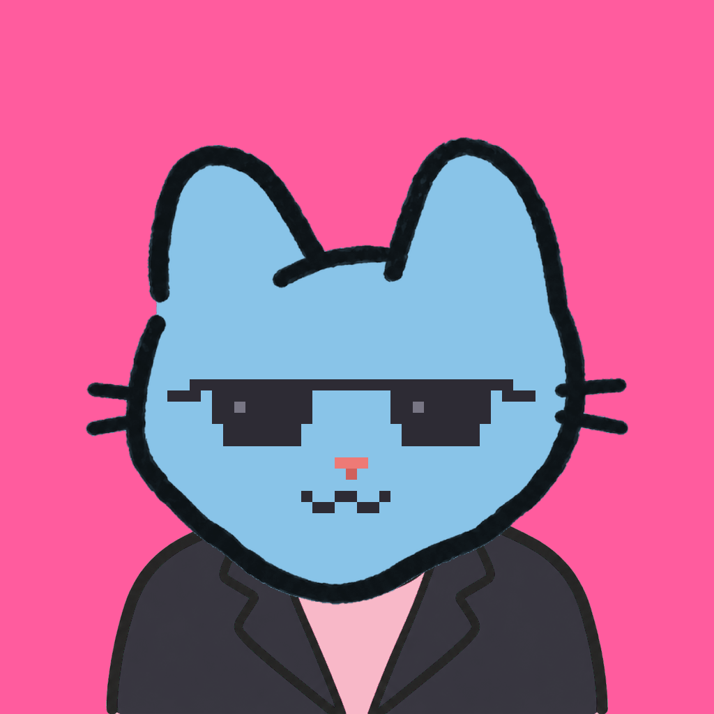 Employee #1714 — a sky cat, in a black suit, wearing shades glasses, on hot pink