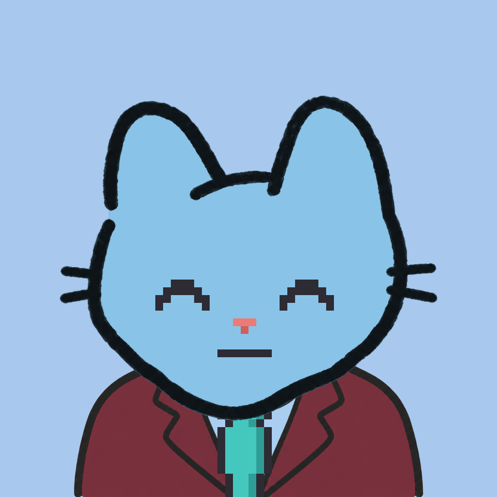 Employee #1715 — a sky cat, in a burgundy suit, with a teal tie, on sky