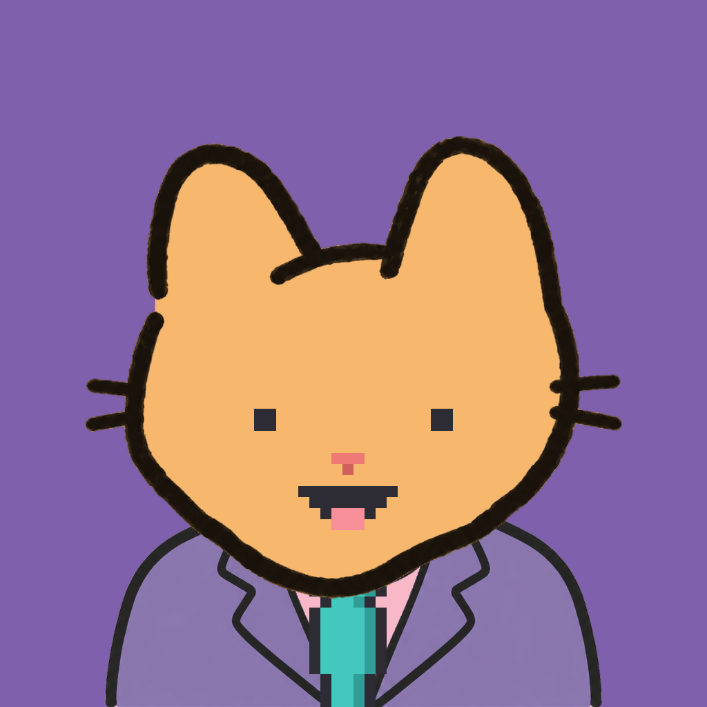 Employee #1716 — a tabby cat, in a lavender suit, with a teal tie, on plasma violet