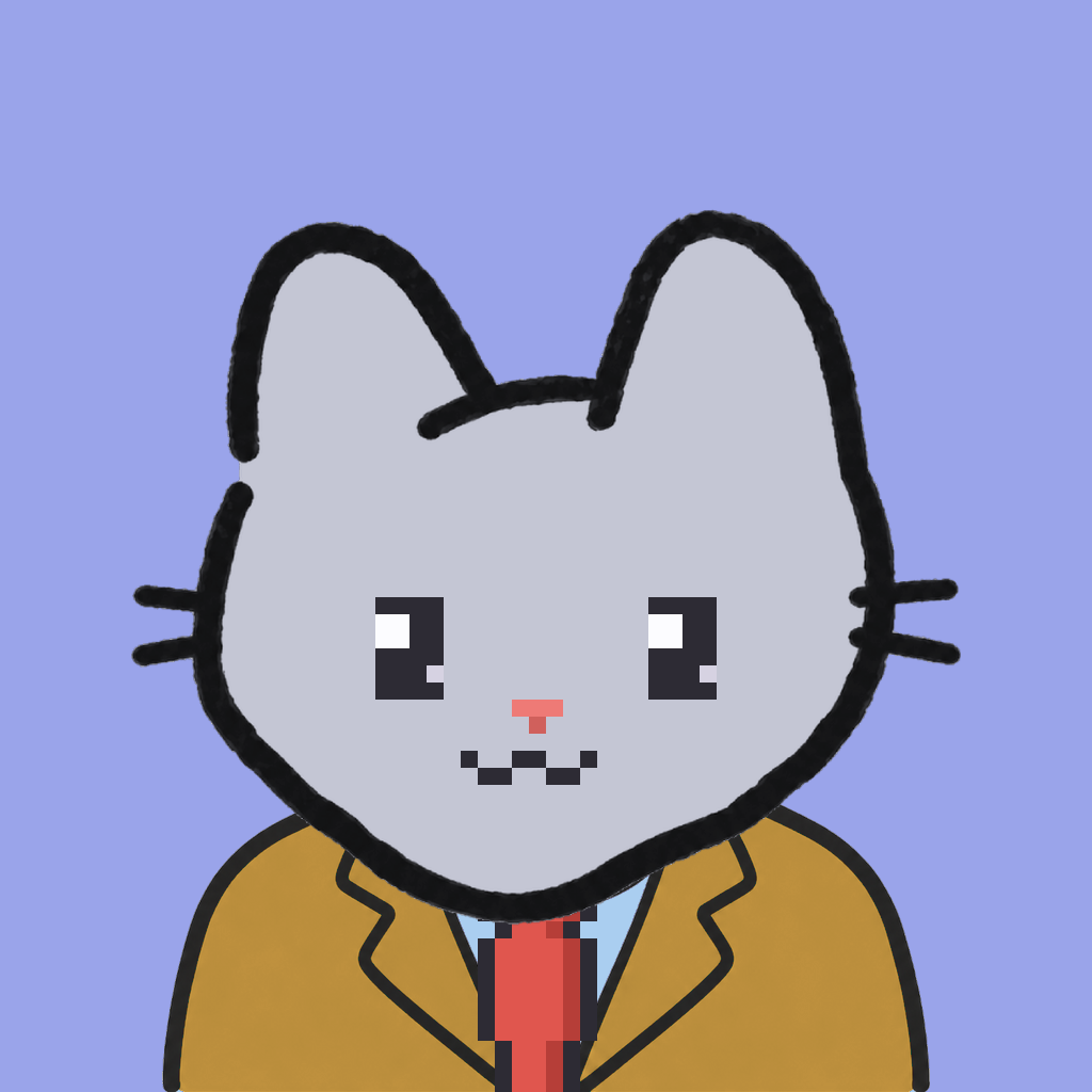 Employee #1717 — a gray cat, in a mustard suit, with a red tie, on periwinkle