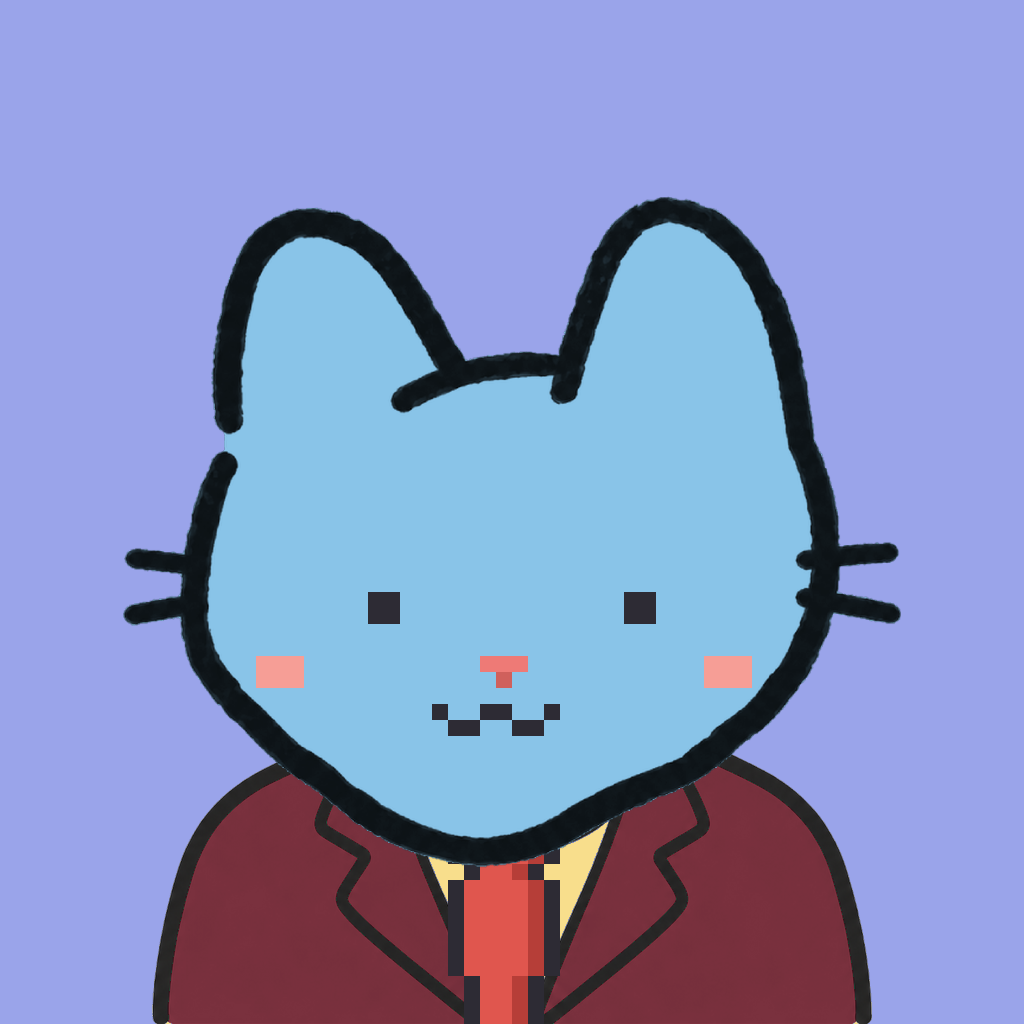 Employee #1718 — a sky cat, in a burgundy suit, with a red tie, on periwinkle