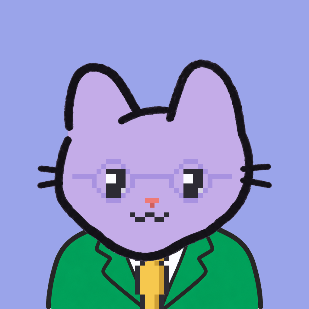 Employee #1719 — a lavender cat, in a green suit, with a gold tie, wearing round-lavender glasses, on periwinkle