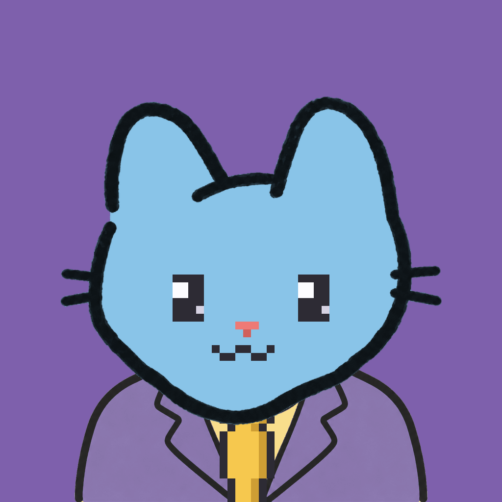 Employee #0172 — a sky cat, in a lavender suit, with a gold tie, on plasma violet