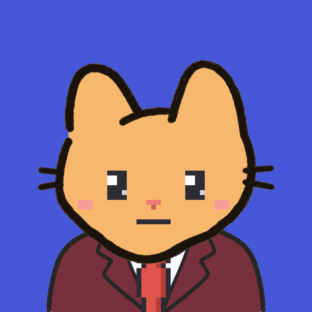 Employee #1720 — a tabby cat, in a burgundy suit, with a red tie, on royal