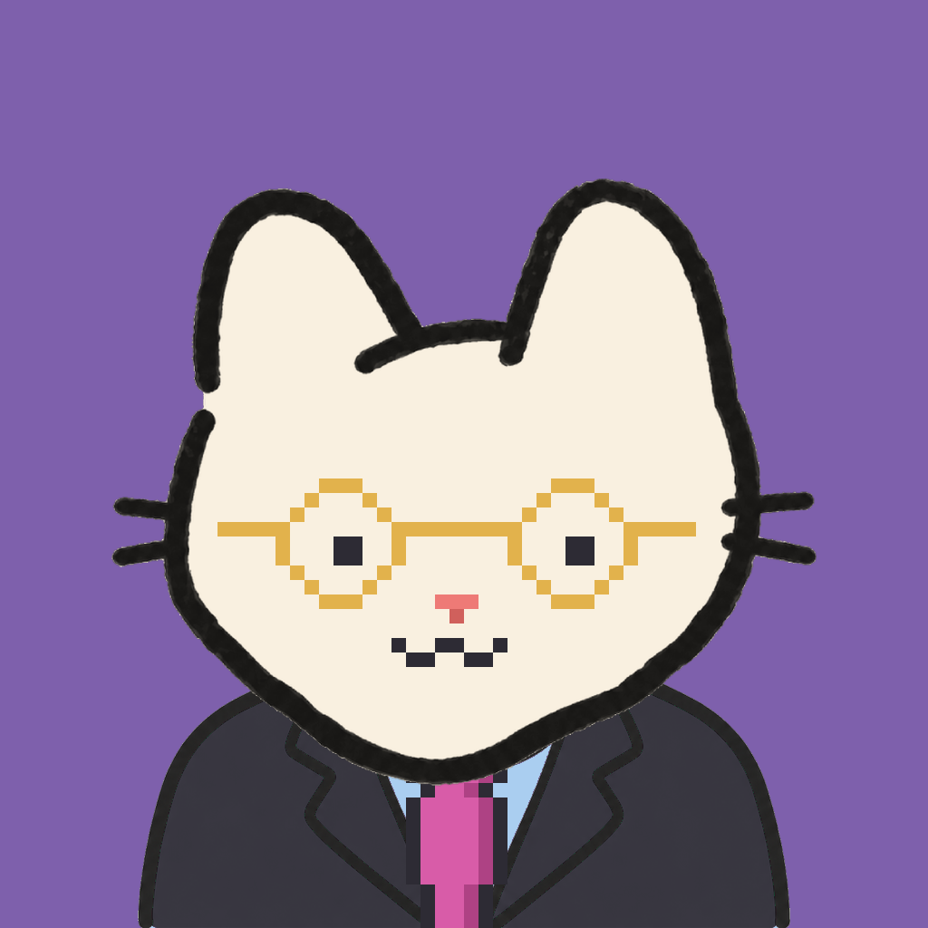 Employee #1721 — a cream cat, in a black suit, with a magenta tie, wearing round-gold glasses, on plasma violet