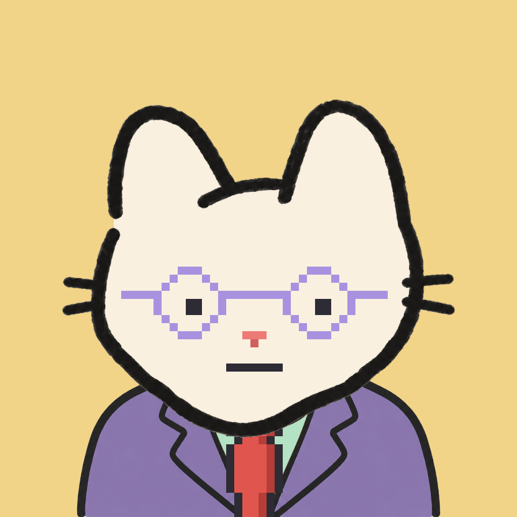 Employee #1722 — a cream cat, in a lavender suit, with a red tie, wearing round-lavender glasses, on butter