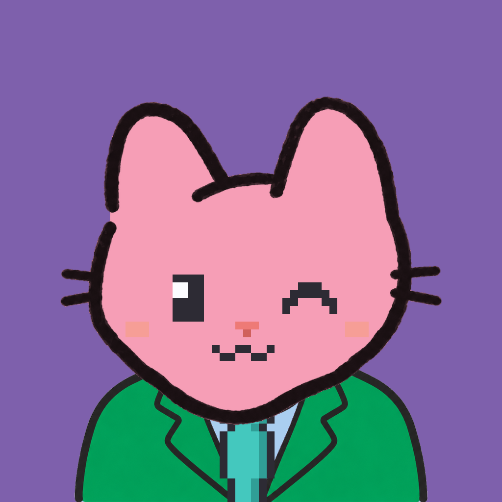 Employee #1723 — a pink cat, in a green suit, with a teal tie, on plasma violet