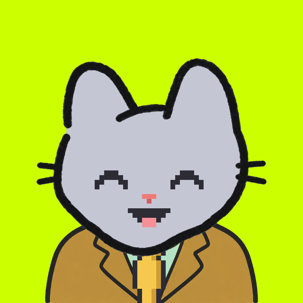 Employee #1724 — a gray cat, in a mustard suit, with a gold tie, on volt