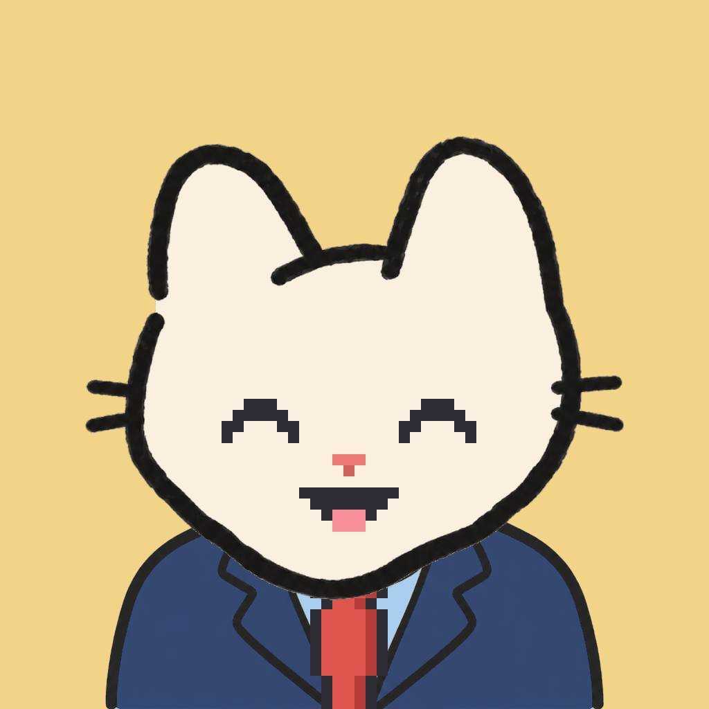 Employee #1725 — a cream cat, in a navy suit, with a red tie, on butter