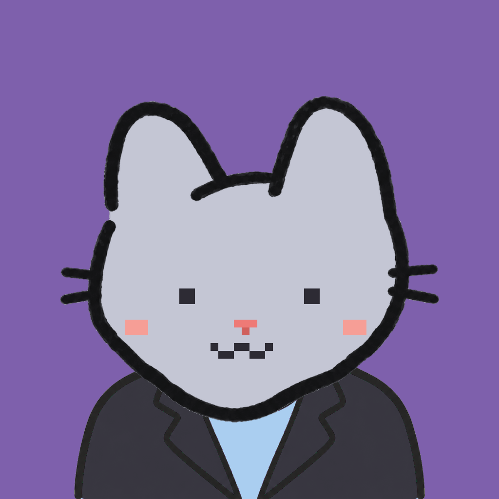 Employee #1726 — a gray cat, in a black suit, on plasma violet