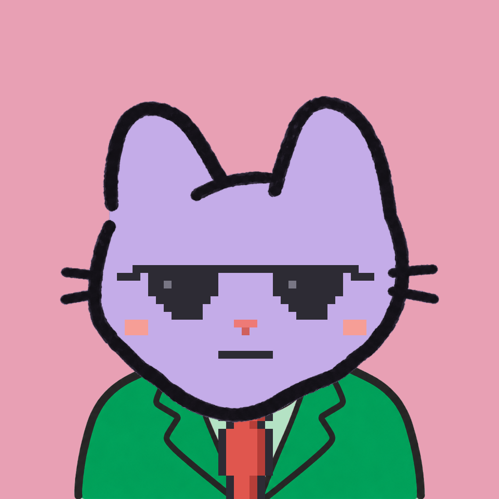Employee #1727 — a lavender cat, in a green suit, with a red tie, wearing shades glasses, on rose