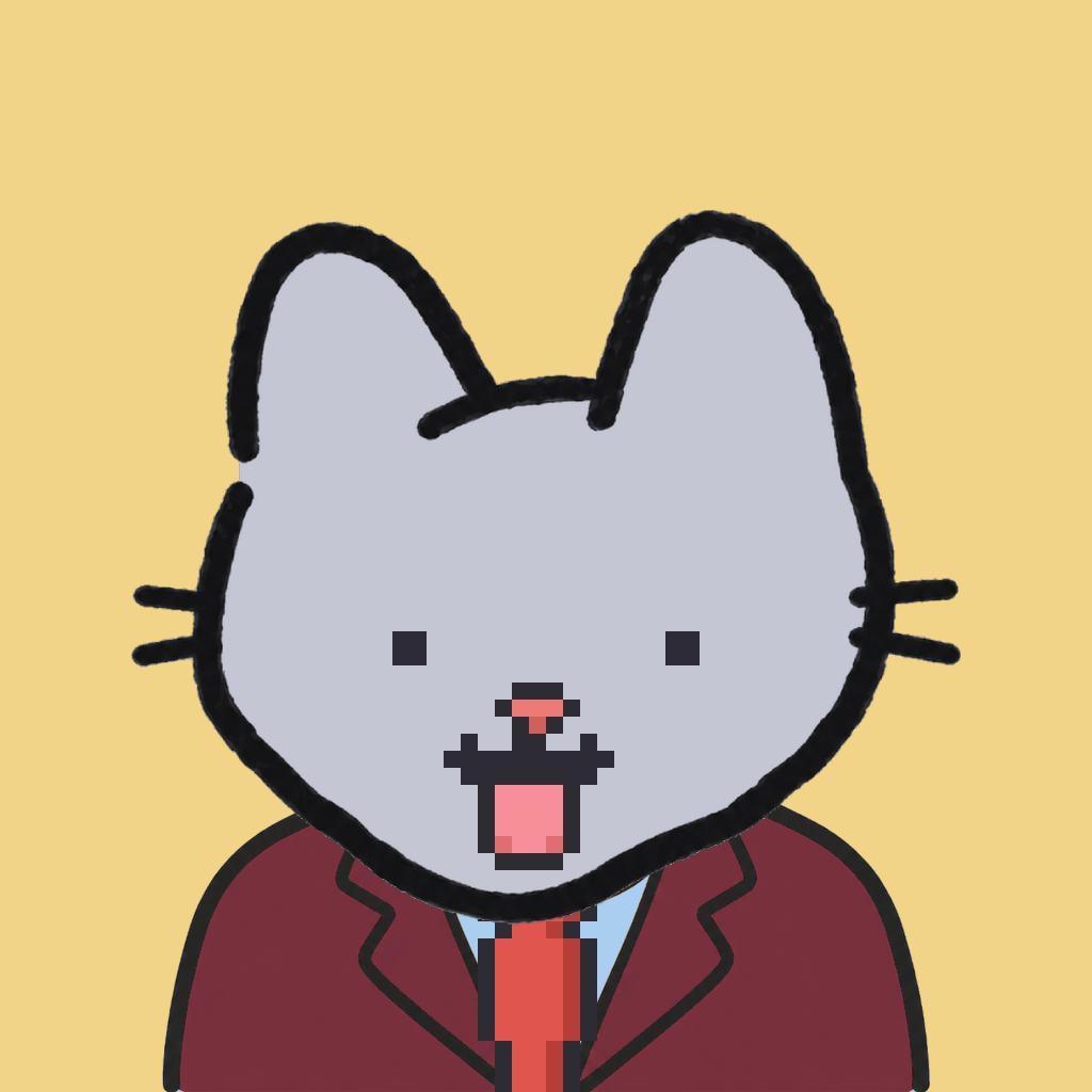 Employee #1728 — a gray cat, in a burgundy suit, with a red tie, on butter