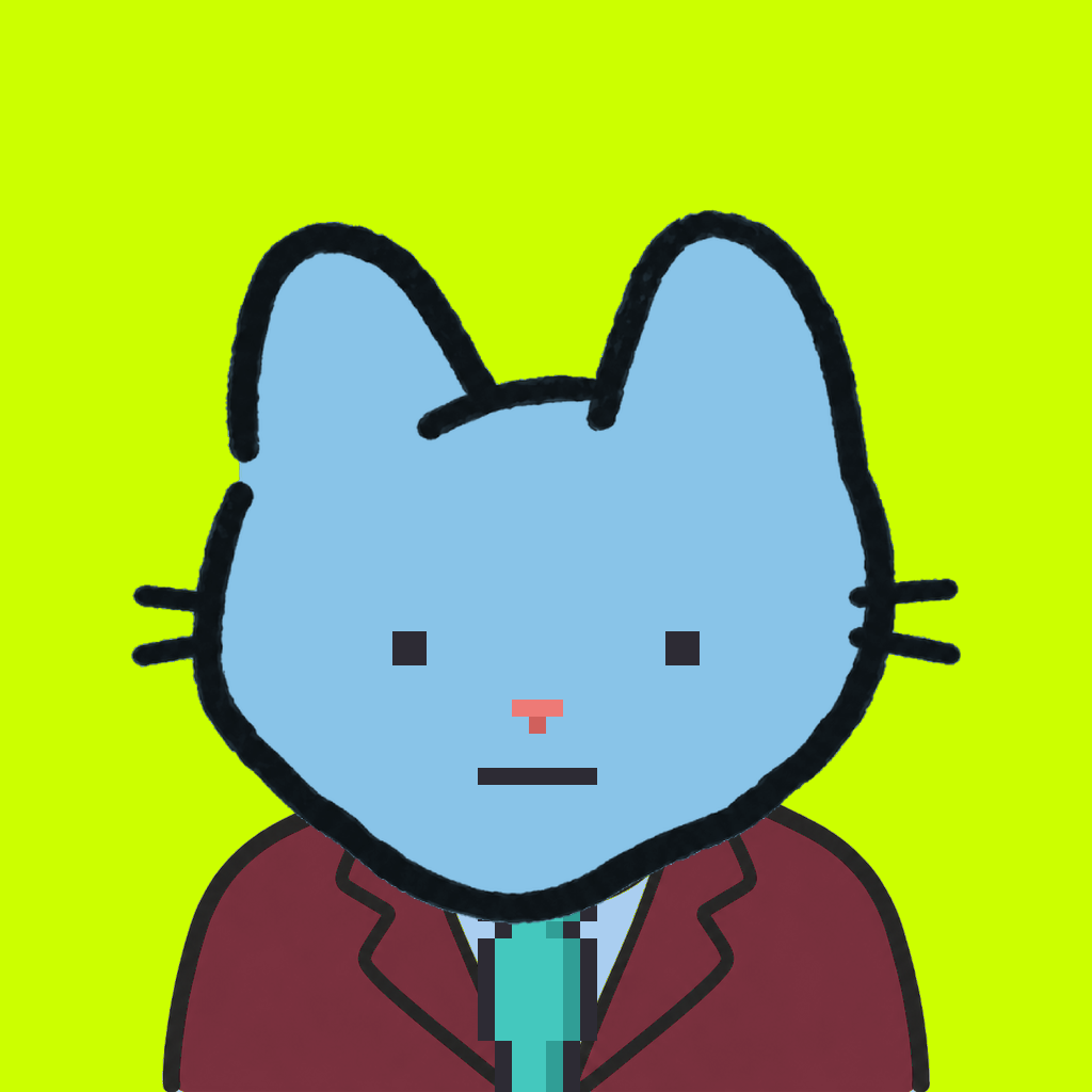 Employee #1729 — a sky cat, in a burgundy suit, with a teal tie, on volt