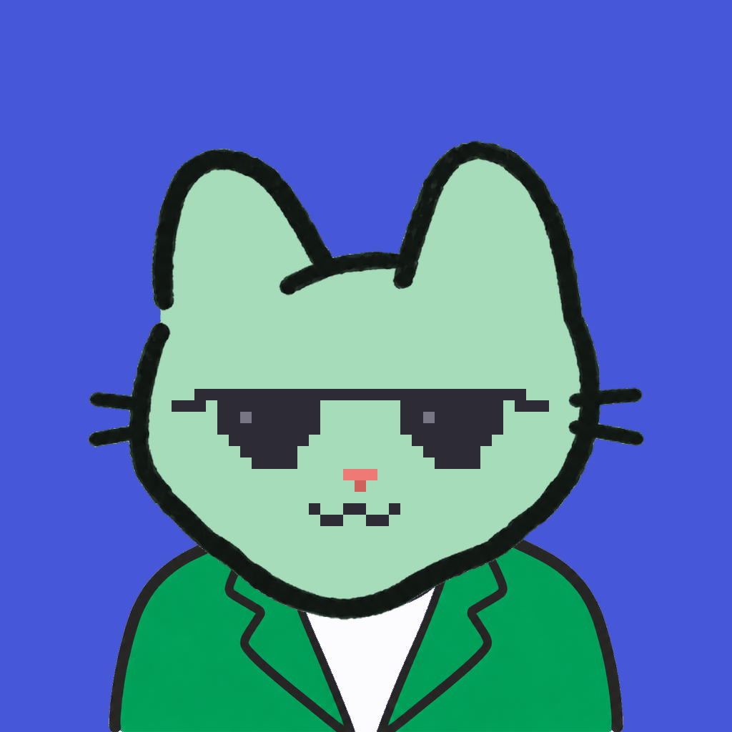 Employee #0173 — a mint cat, in a green suit, wearing shades glasses, on royal