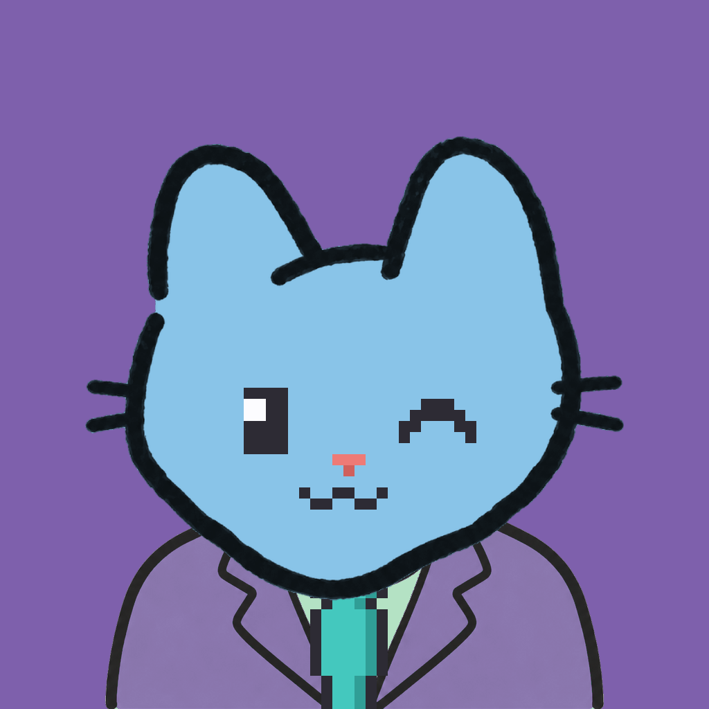 Employee #1730 — a sky cat, in a lavender suit, with a teal tie, on plasma violet