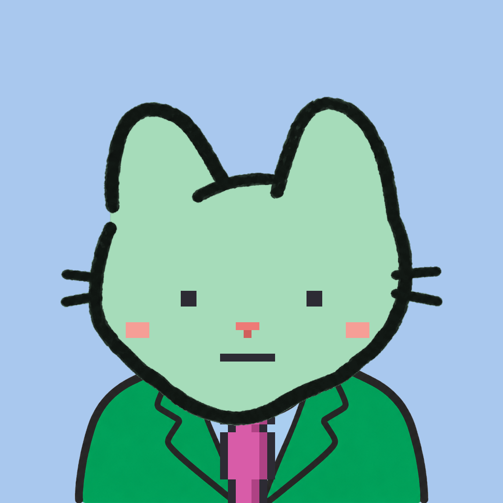 Employee #1731 — a mint cat, in a green suit, with a magenta tie, on sky