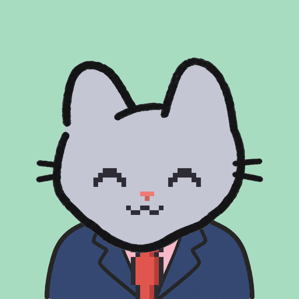 Employee #1732 — a gray cat, in a navy suit, with a red tie, on mint