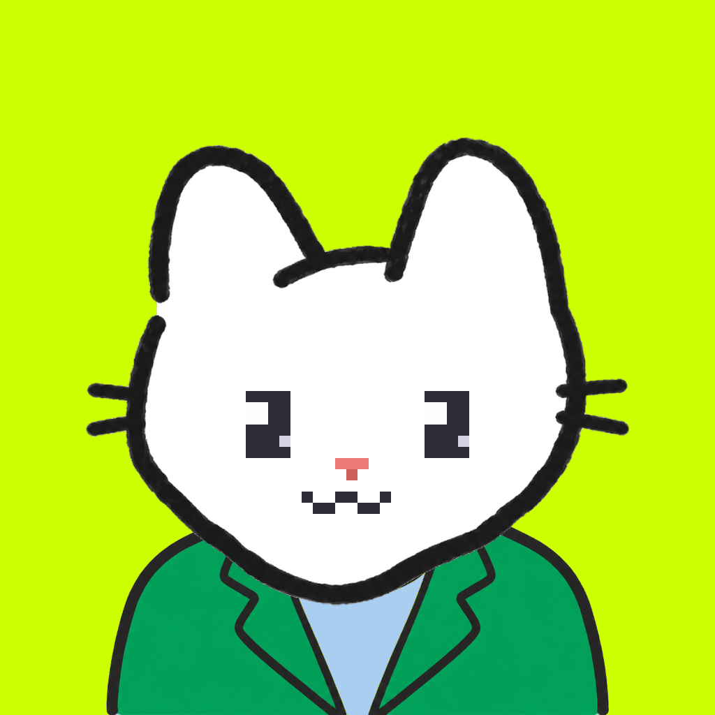 Employee #1733 — a white cat, in a green suit, on volt