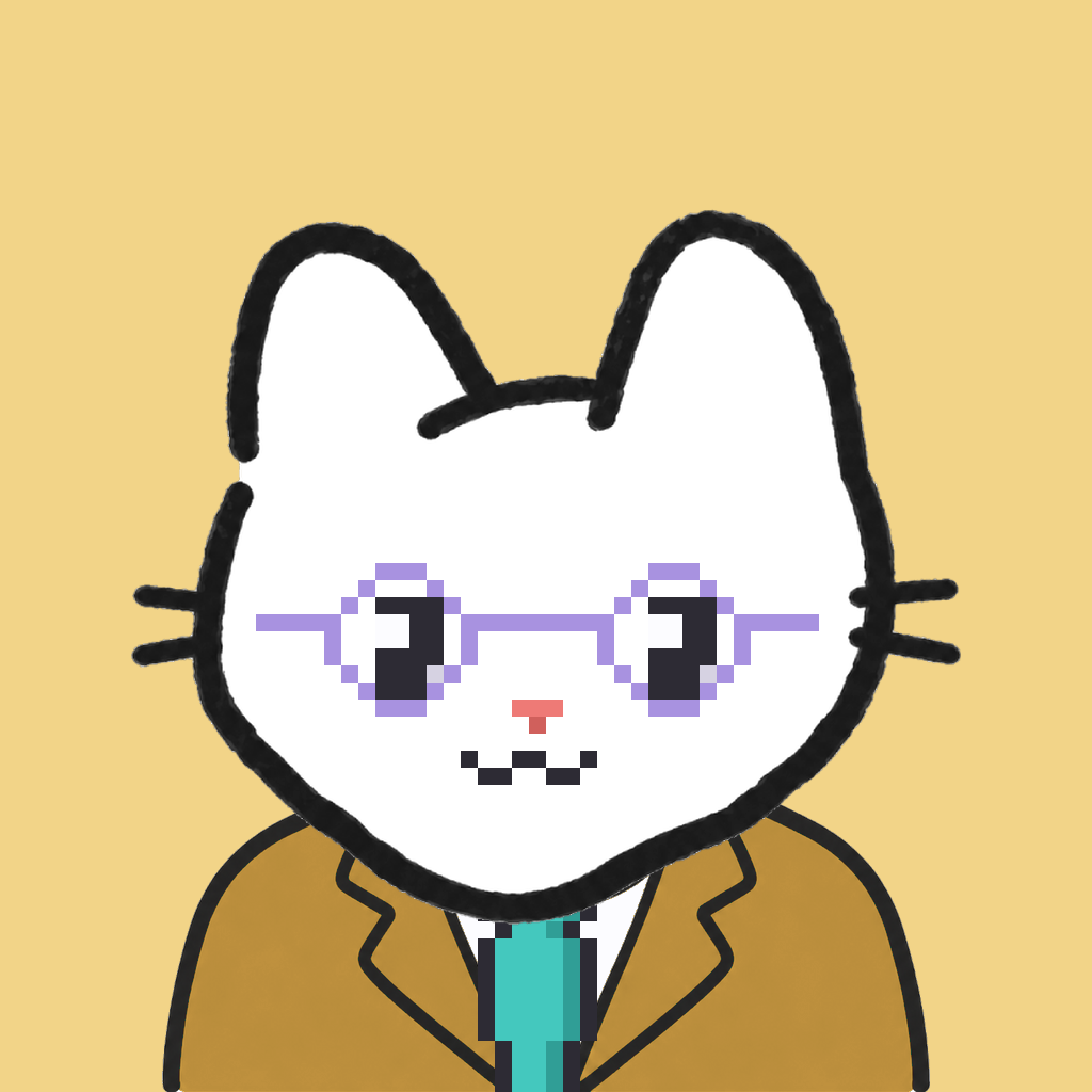 Employee #1734 — a white cat, in a mustard suit, with a teal tie, wearing round-lavender glasses, on butter