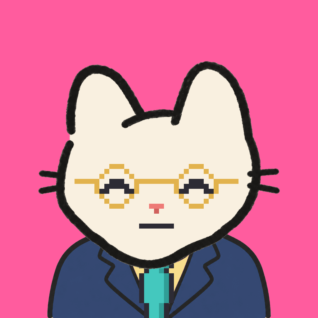 Employee #1735 — a cream cat, in a navy suit, with a teal tie, wearing round-gold glasses, on hot pink