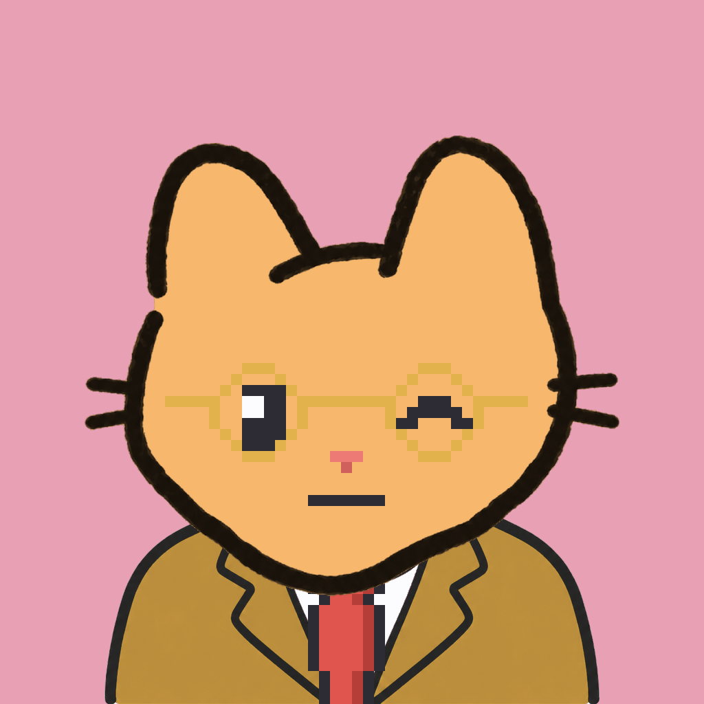 Employee #1736 — a tabby cat, in a mustard suit, with a red tie, wearing round-gold glasses, on rose