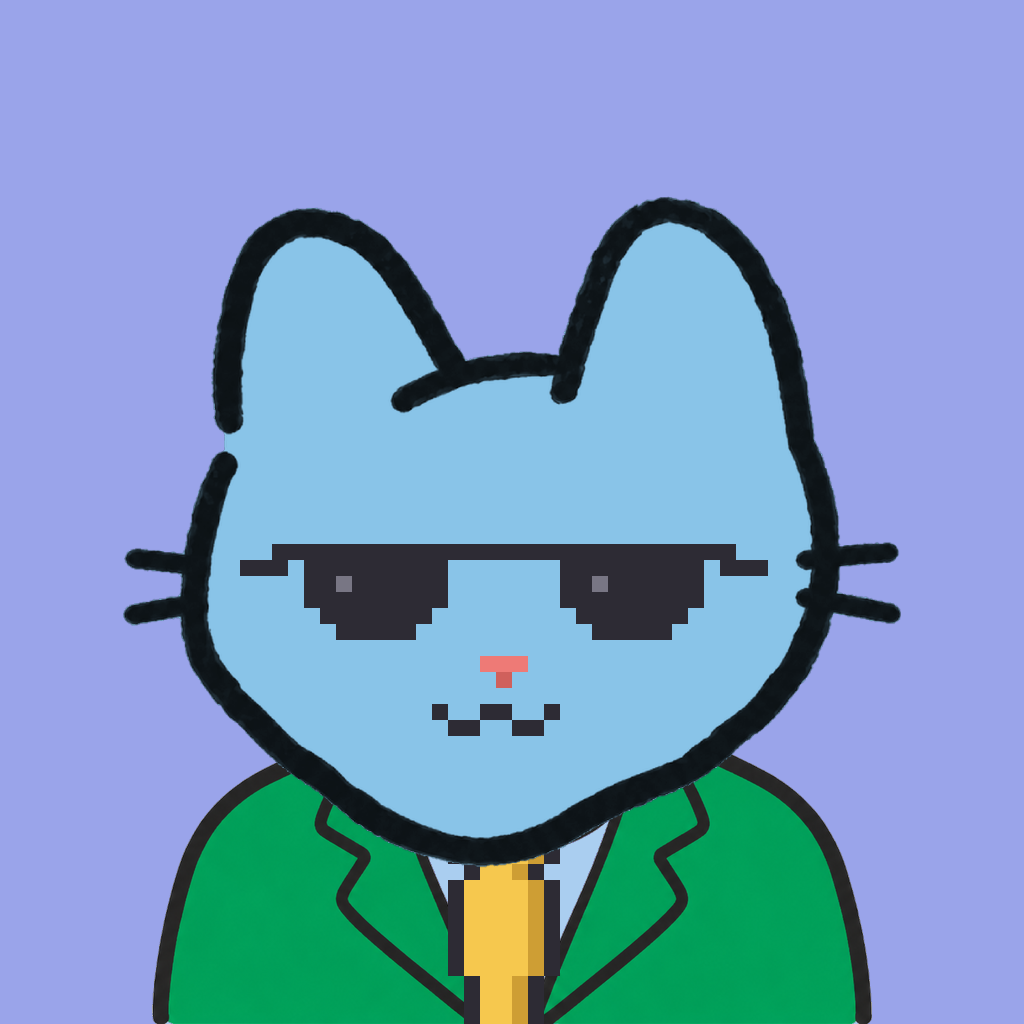 Employee #1737 — a sky cat, in a green suit, with a gold tie, wearing shades glasses, on periwinkle