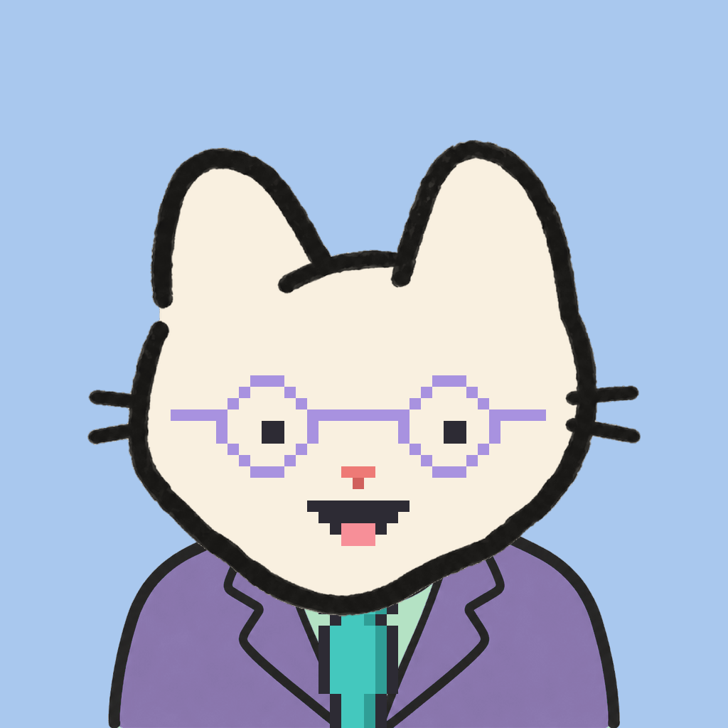 Employee #1738 — a cream cat, in a lavender suit, with a teal tie, wearing round-lavender glasses, on sky