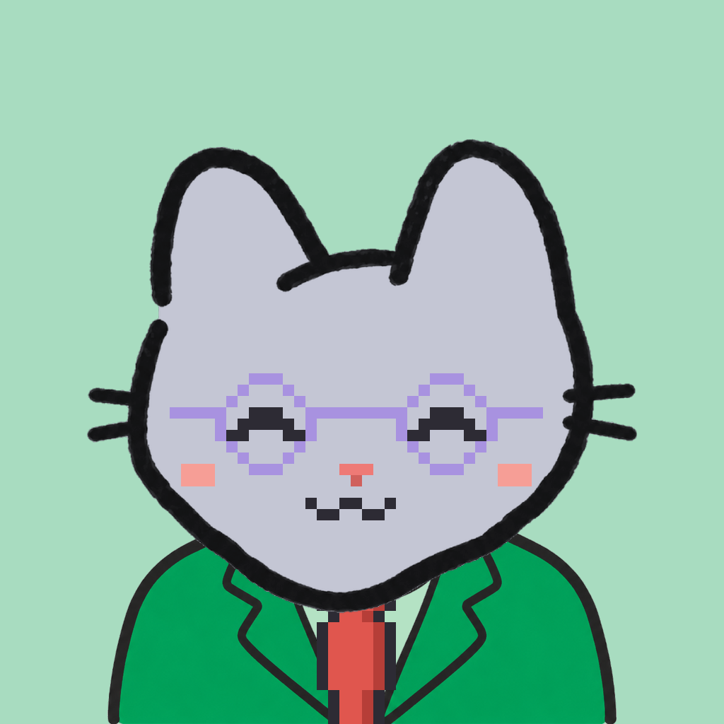 Employee #1739 — a gray cat, in a green suit, with a red tie, wearing round-lavender glasses, on mint