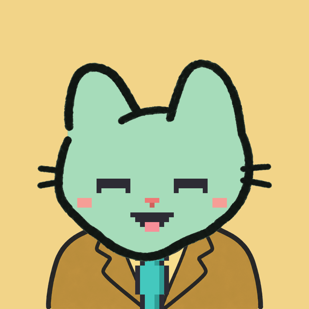 Employee #0174 — a mint cat, in a mustard suit, with a teal tie, on butter
