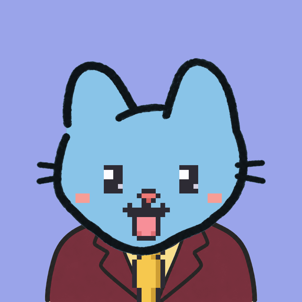 Employee #1740 — a sky cat, in a burgundy suit, with a gold tie, on periwinkle