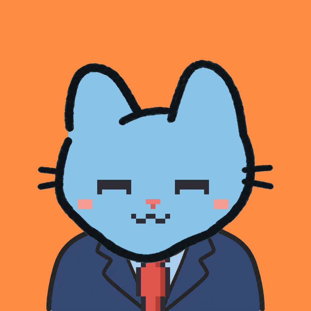 Employee #1741 — a sky cat, in a navy suit, with a red tie, on tangerine