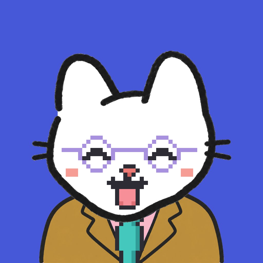 Employee #1743 — a white cat, in a mustard suit, with a teal tie, wearing round-lavender glasses, on royal