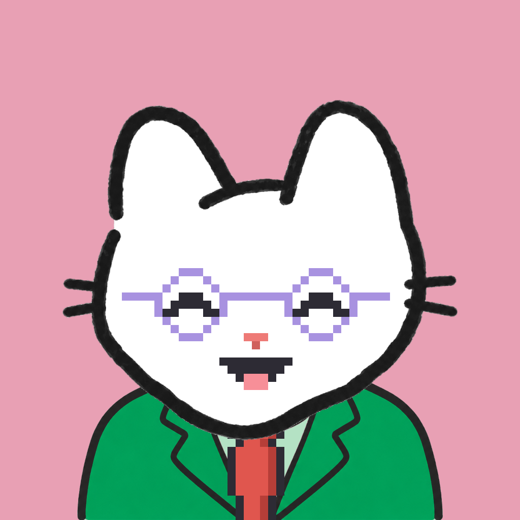 Employee #1744 — a white cat, in a green suit, with a red tie, wearing round-lavender glasses, on rose