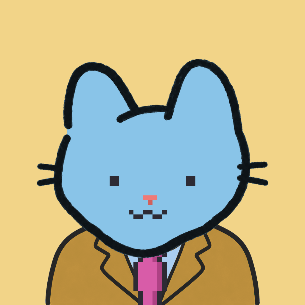 Employee #1745 — a sky cat, in a mustard suit, with a magenta tie, on butter