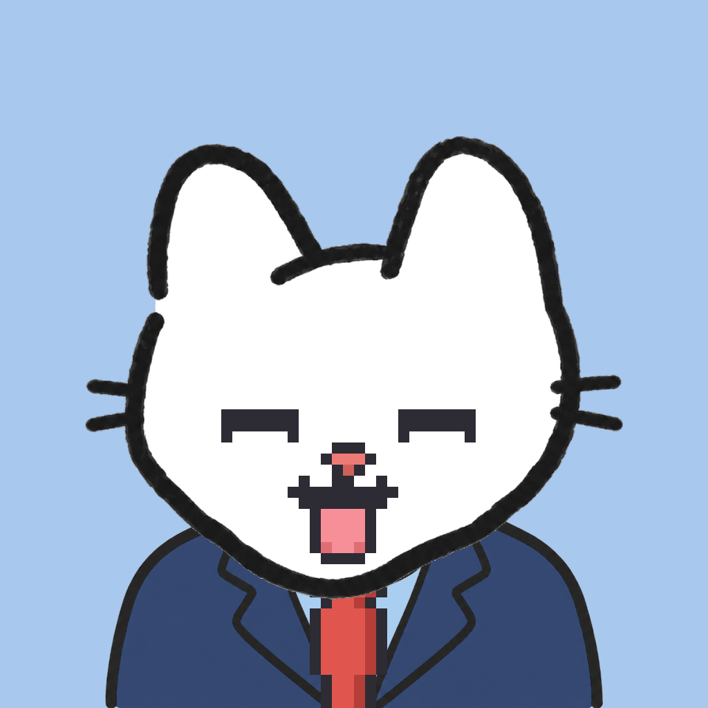Employee #1746 — a white cat, in a navy suit, with a red tie, on sky