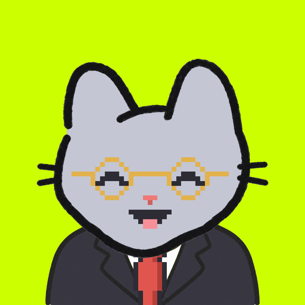 Employee #1747 — a gray cat, in a black suit, with a red tie, wearing round-gold glasses, on volt