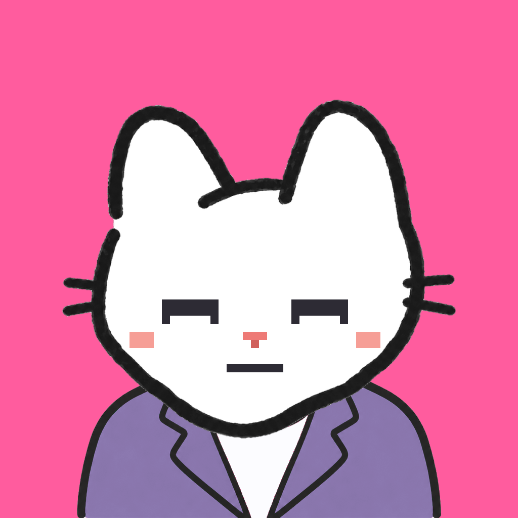 Employee #1748 — a white cat, in a lavender suit, on hot pink