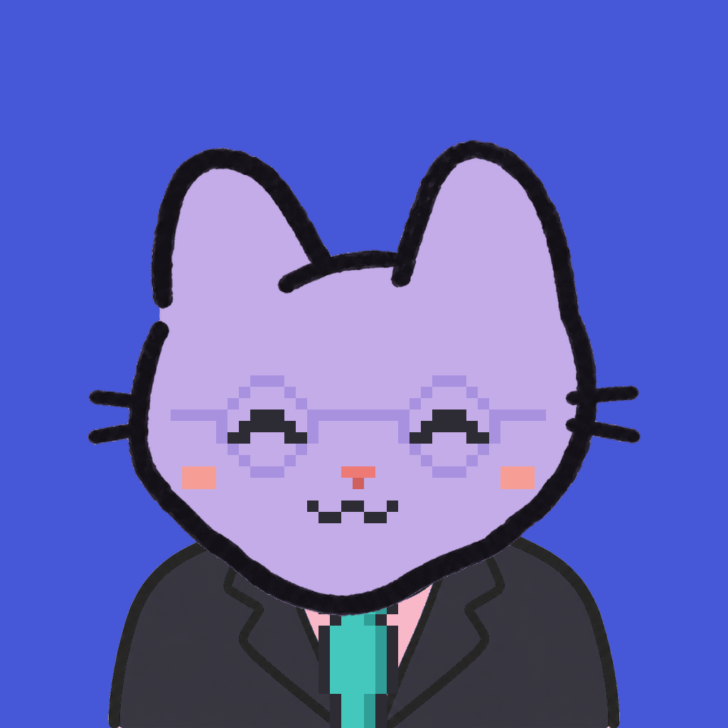 Employee #1749 — a lavender cat, in a black suit, with a teal tie, wearing round-lavender glasses, on royal