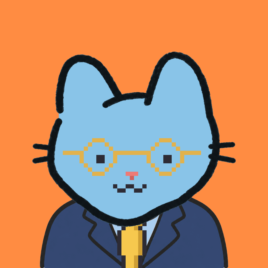Employee #0175 — a sky cat, in a navy suit, with a gold tie, wearing round-gold glasses, on tangerine